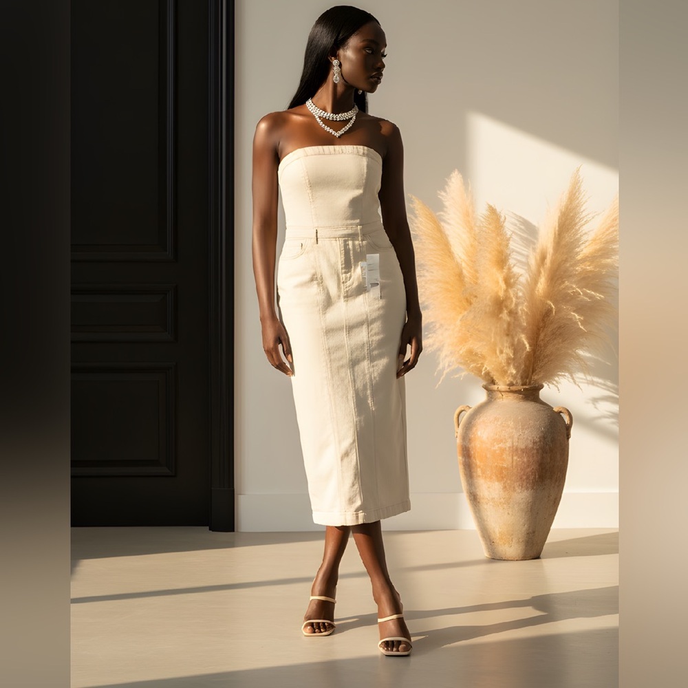 NWT Indigo Rein SZ S Cream/beige 2 toned denim strapless dress/bust 28”-32” flat